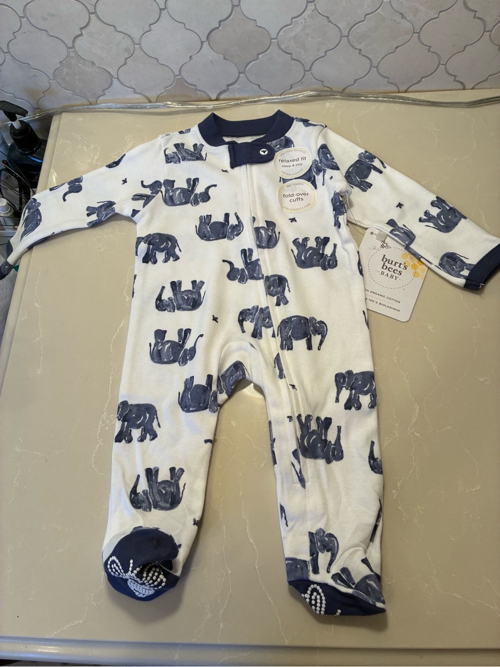 Burt's Bees Baby White Footed One-Piece with Navy Elephant Print